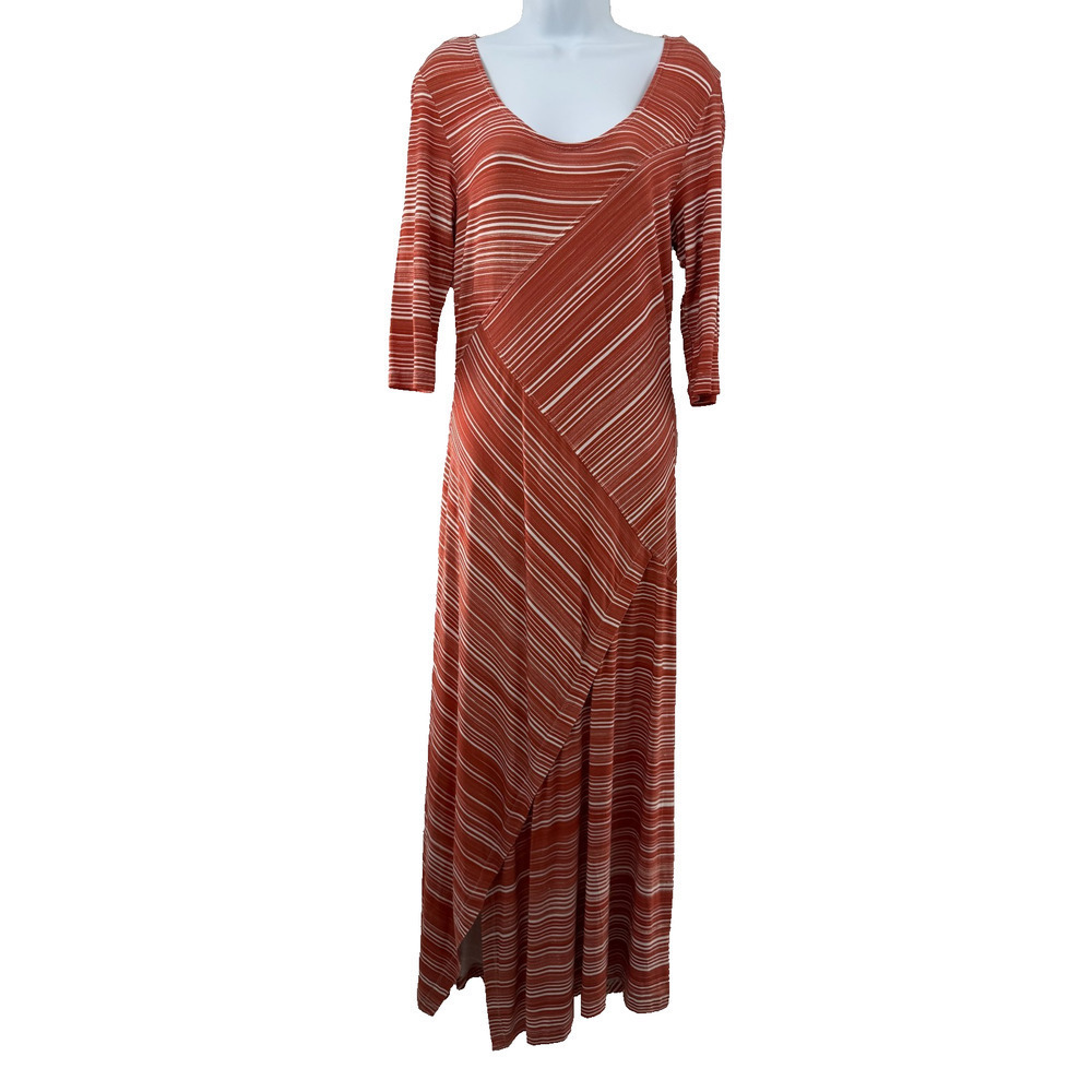 Peruvian Connection Striped Maxi Dress Rust Asymmetrical Panel 3/4 Sleeve Size M